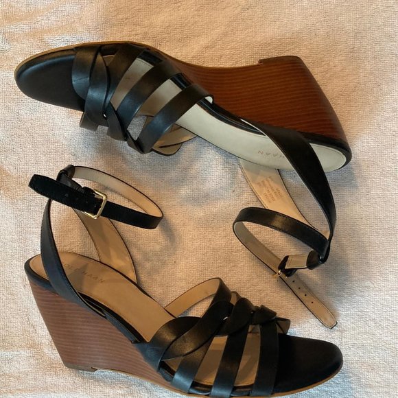 Cole Haan Women’s Myra Wedge Sandals,  Braided Strappy, Black Leather, 7.5 - Picture 1 of 4